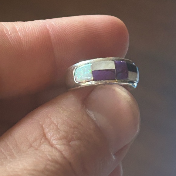 STERLING SILVER NATIVE AMERICAN SIGNED MOJAVE TURQUOISE OPAL ONYX SIGNED RING 7 - Picture 8 of 10